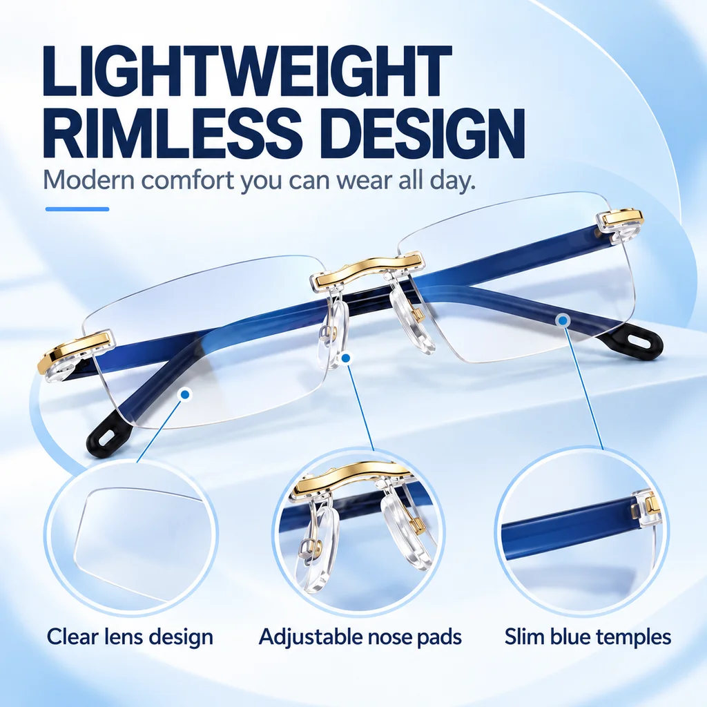 OptiClear: lightweight rimless design: clear lens, adjustable nose pads, slim blue temples